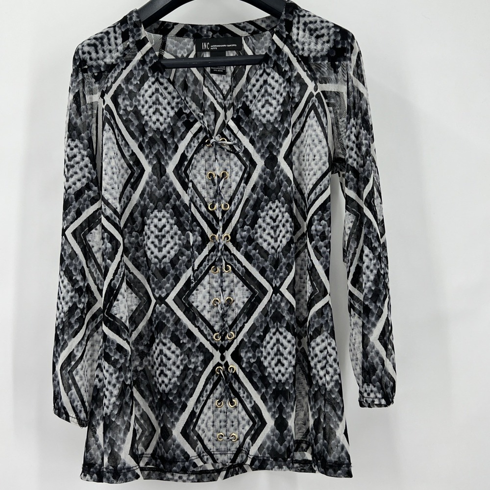 INC International Concepts PS Tunic Top Black Geometric Print Sheer Retro Chic